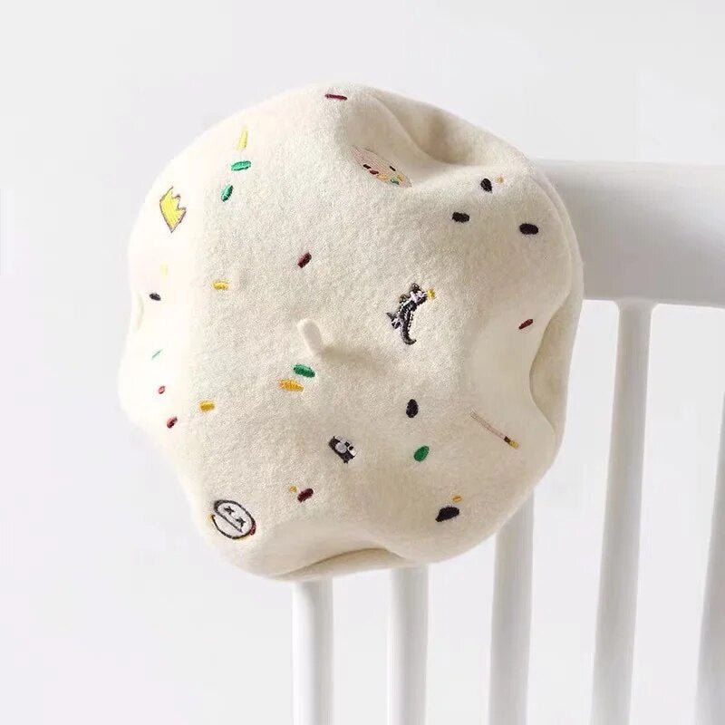 Cream Embroidered Emojis Beret - Kelly Obi New York