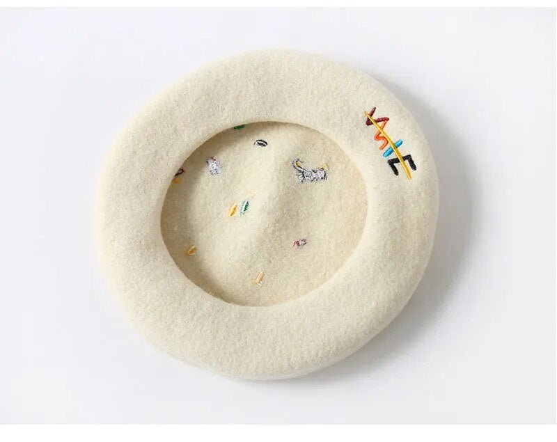 Cream Embroidered Emojis Beret - Kelly Obi New York