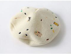 Cream Embroidered Emojis Beret - Kelly Obi New York