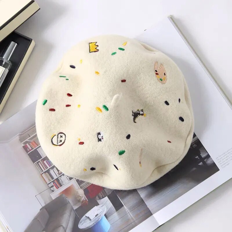 Cream Embroidered Emojis Beret - Kelly Obi New York