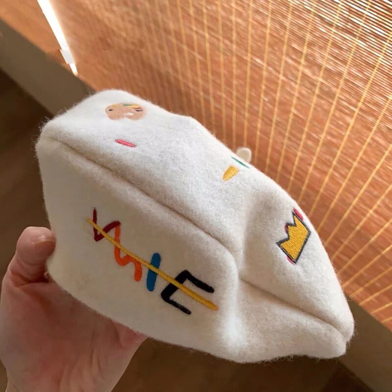 Cream Embroidered Emojis Beret - Kelly Obi New York