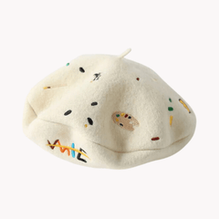 Cream Embroidered Emojis Beret - Kelly Obi New York