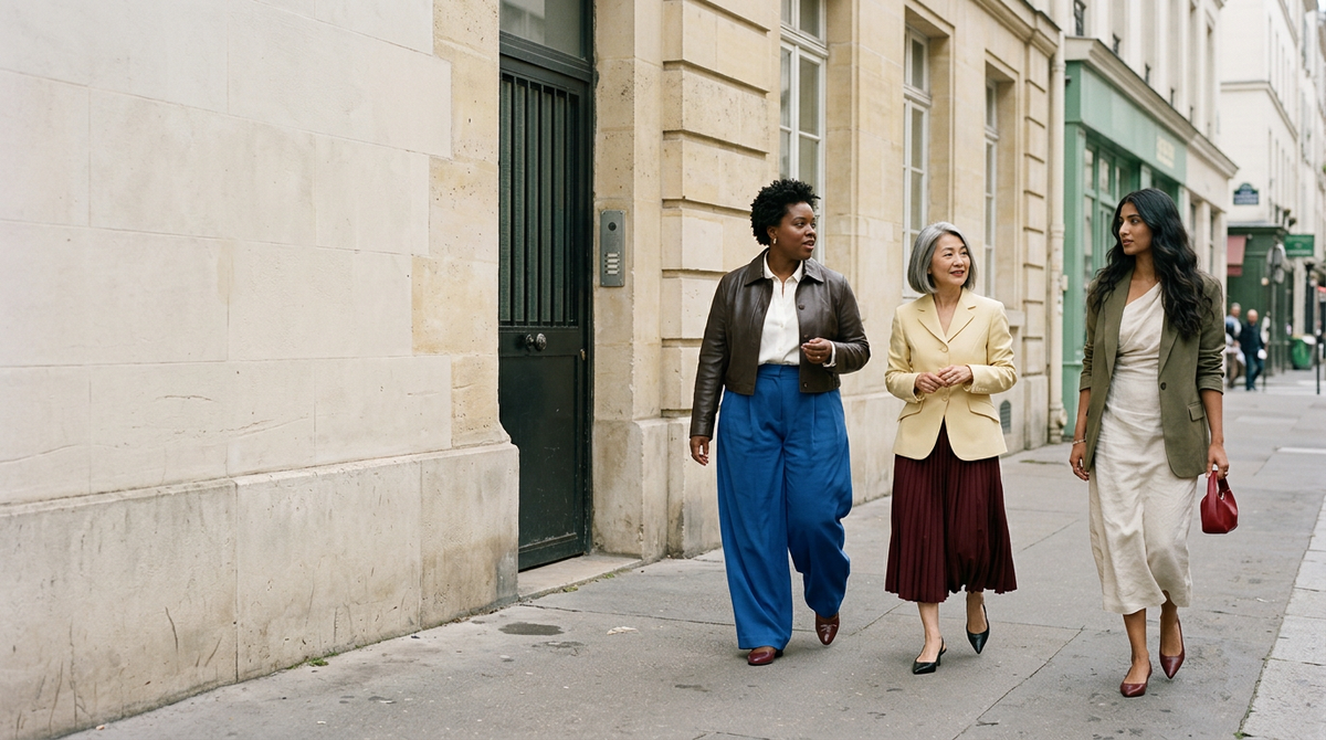 Stylish friends walking together in an original Dalyia street-style editorial