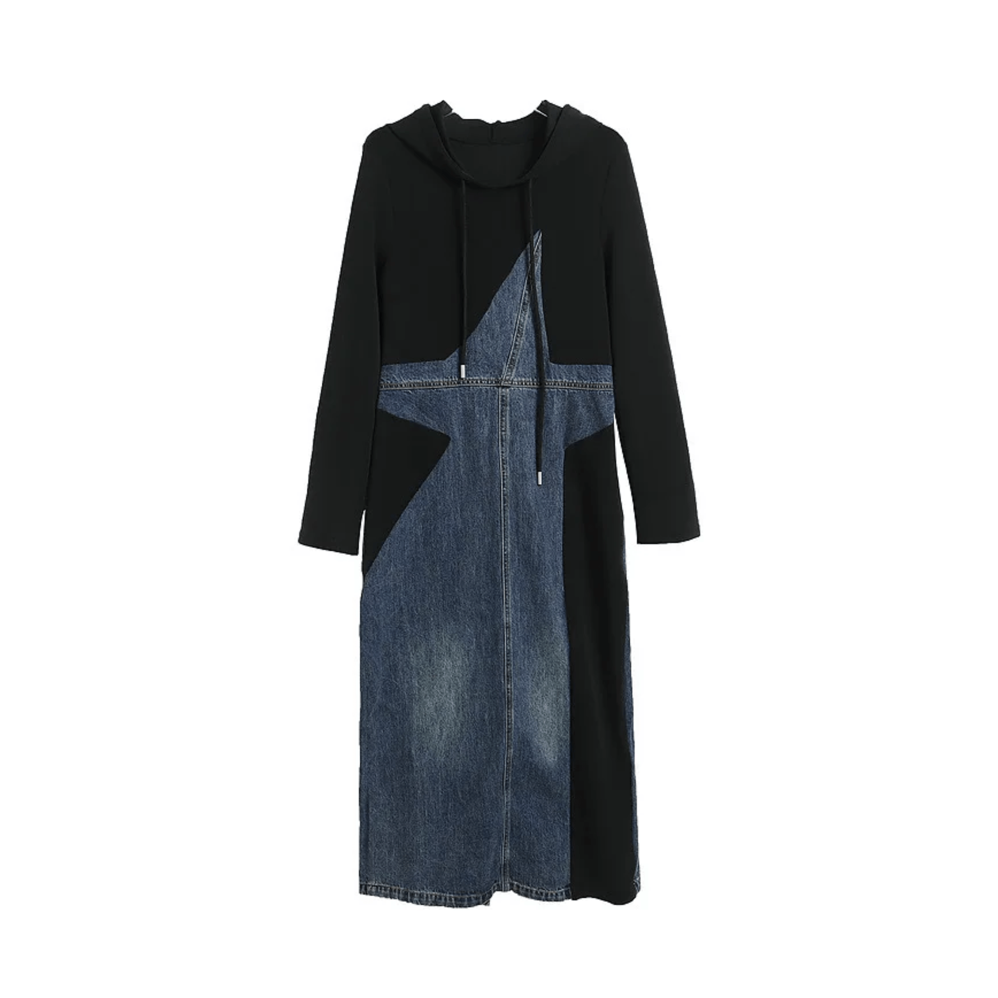 Denim Spliced Hooded Drawstring Dress - Kelly Obi New York