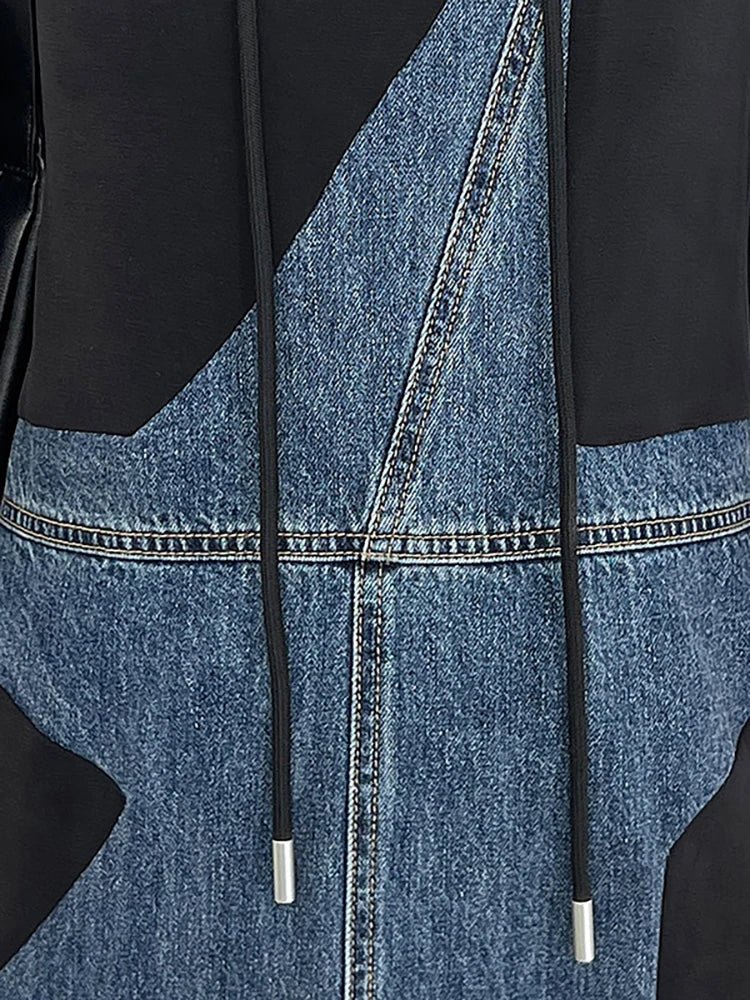 Denim Spliced Hooded Drawstring Dress - Kelly Obi New York