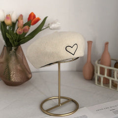 Wool Embroidered Heart Dome Beret - Kelly Obi New York