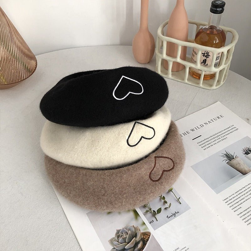 Wool Embroidered Heart Dome Beret - Kelly Obi New York